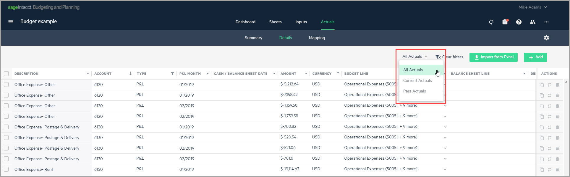 Shows how to filter which actuals appear in Actuals > Details.