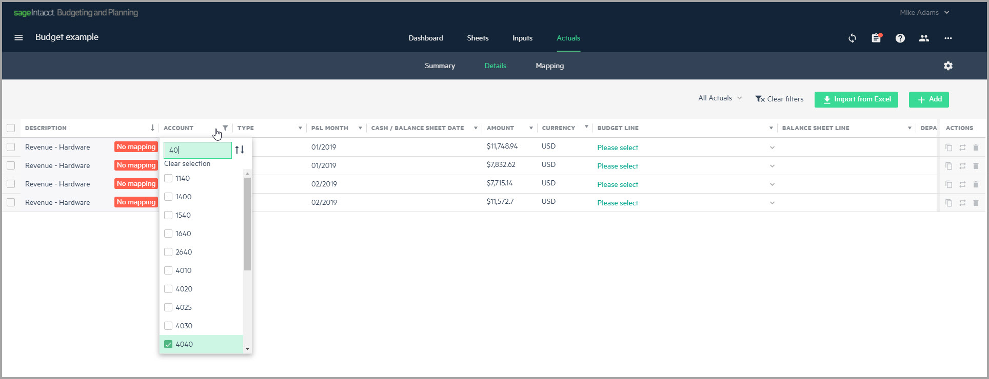 Shows how to filter your accounts in Actuals > Details.