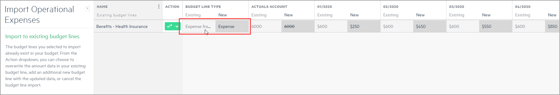 The Import Operational Expenses window.