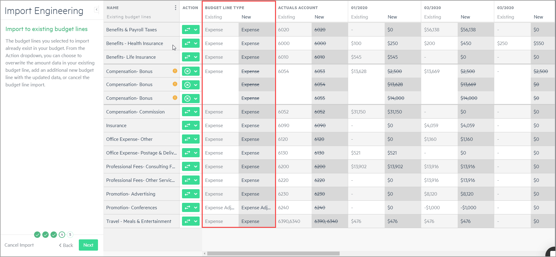 Values that are not being imported are crossed out.