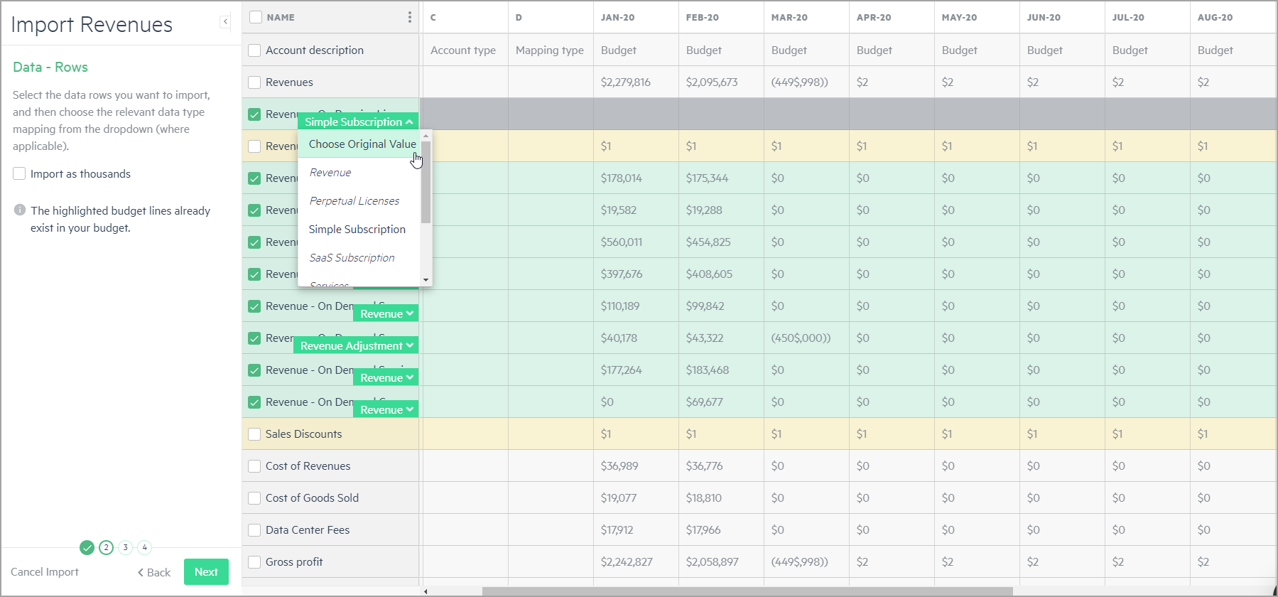 Dropdown menu to change budget line type.