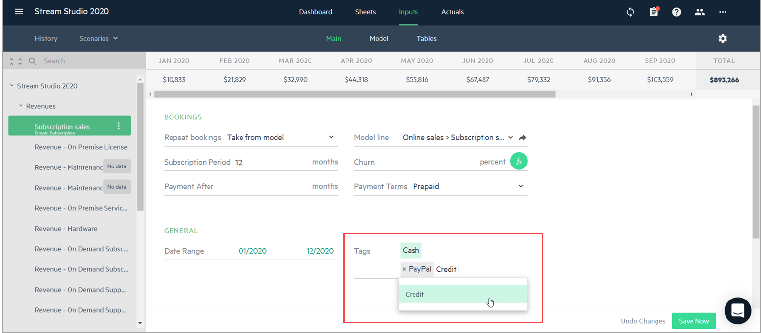 Type a new tag directly in the budget line form.